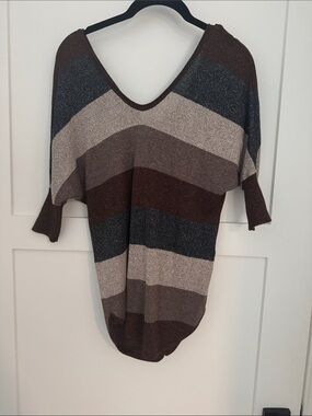 Express Women's V-Neck Striped Metallic Knit Sweater - Brown, Gray, Cream